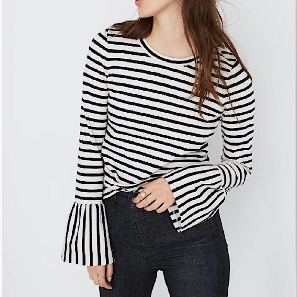 MADEWELL stripe-play ruffle cuff long sleeve top cream blue size XS like new